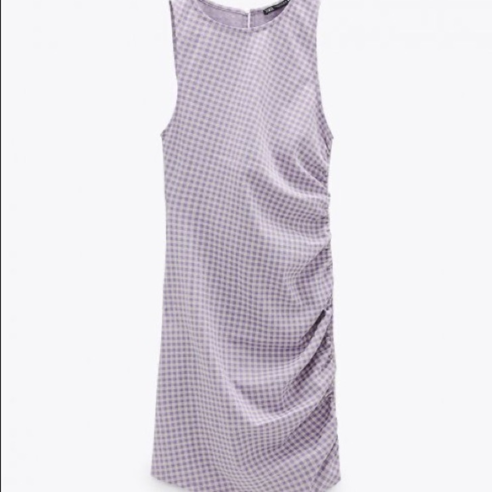 Zara purple gingham mini dress with gathered detail - large